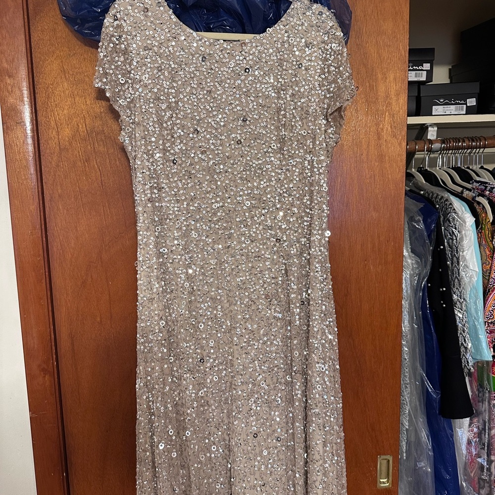 Adrianna Papell Beige Sequin Short Sleeve Maxi Dress
